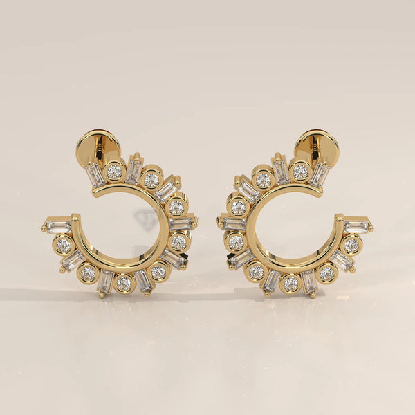 Pair Front View: Round Diamond Hoop Earrings with Prong Setting in Yellow Gold – Lab Grown – Driona Jewels