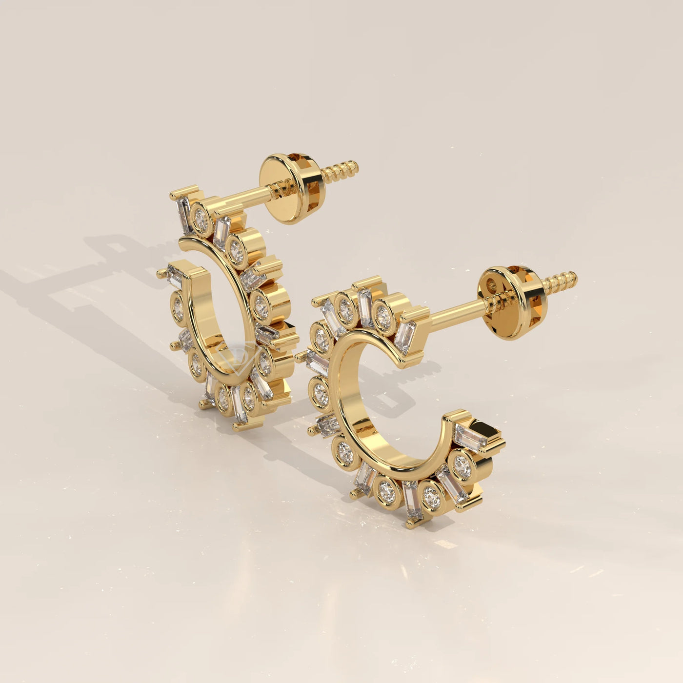 Three-Quarter View: Round Diamond Hoop Earrings with Prong Setting in Yellow Gold – Lab Grown – Driona Jewels