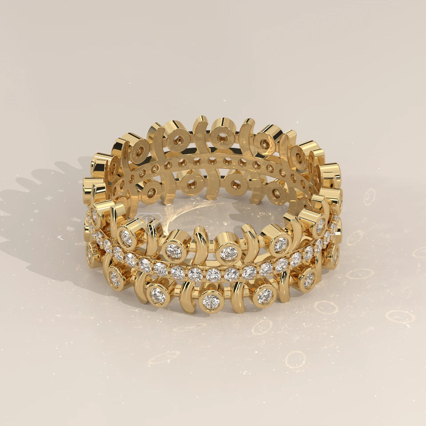Angle View: Round Diamond Eternity Band with Bezel Setting in Yellow Gold – Lab Grown – Driona Jewels
