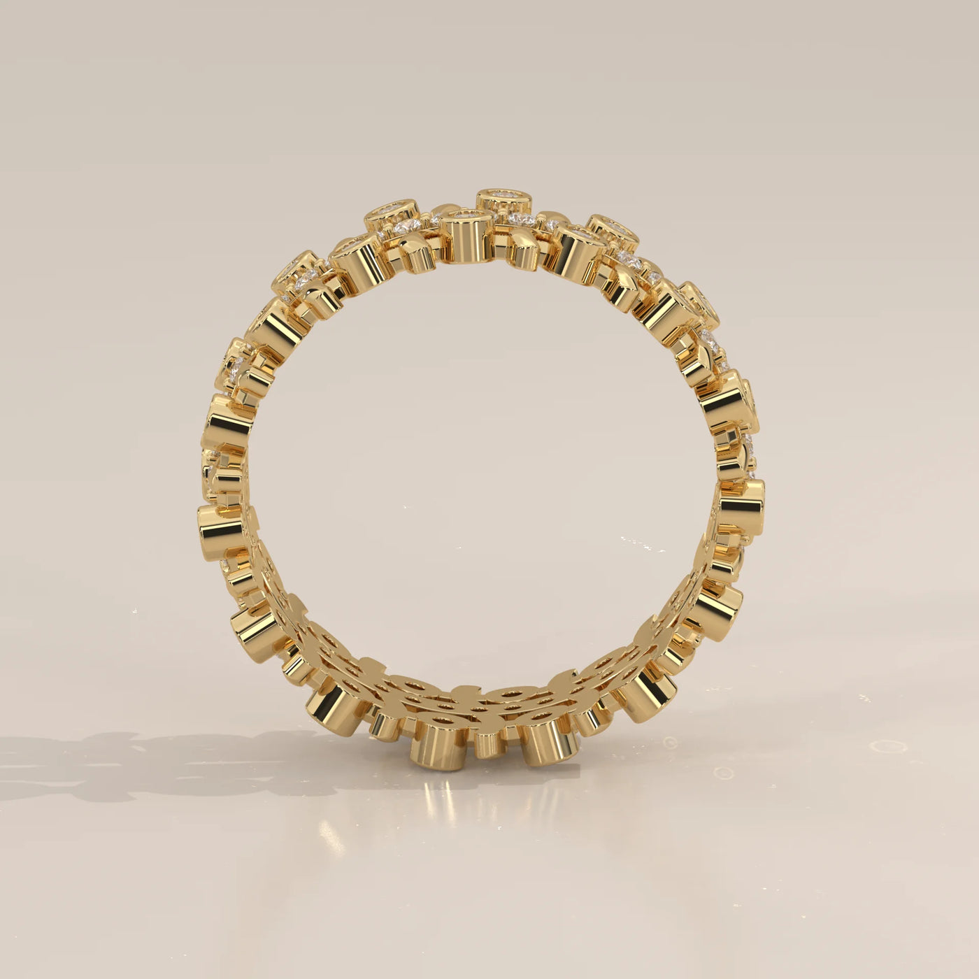 Front View: Round Diamond Eternity Band with Bezel Setting in Yellow Gold – Lab Grown – Driona Jewels