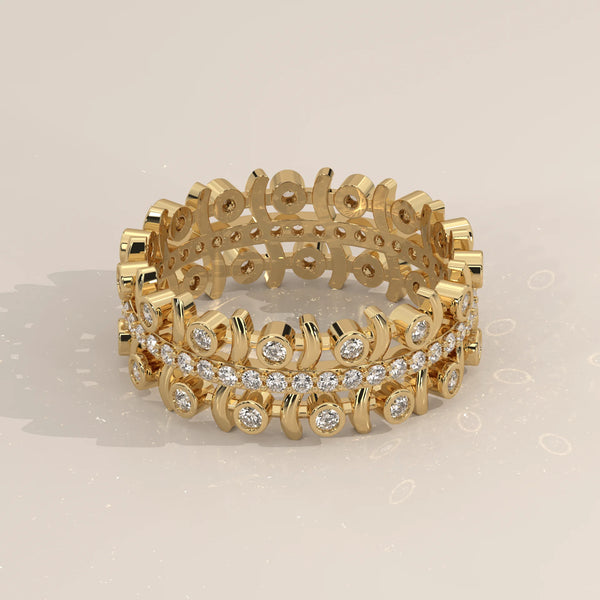 Three-Quarter View: Round Diamond Eternity Band with Bezel Setting in Yellow Gold – Lab Grown – Driona Jewels