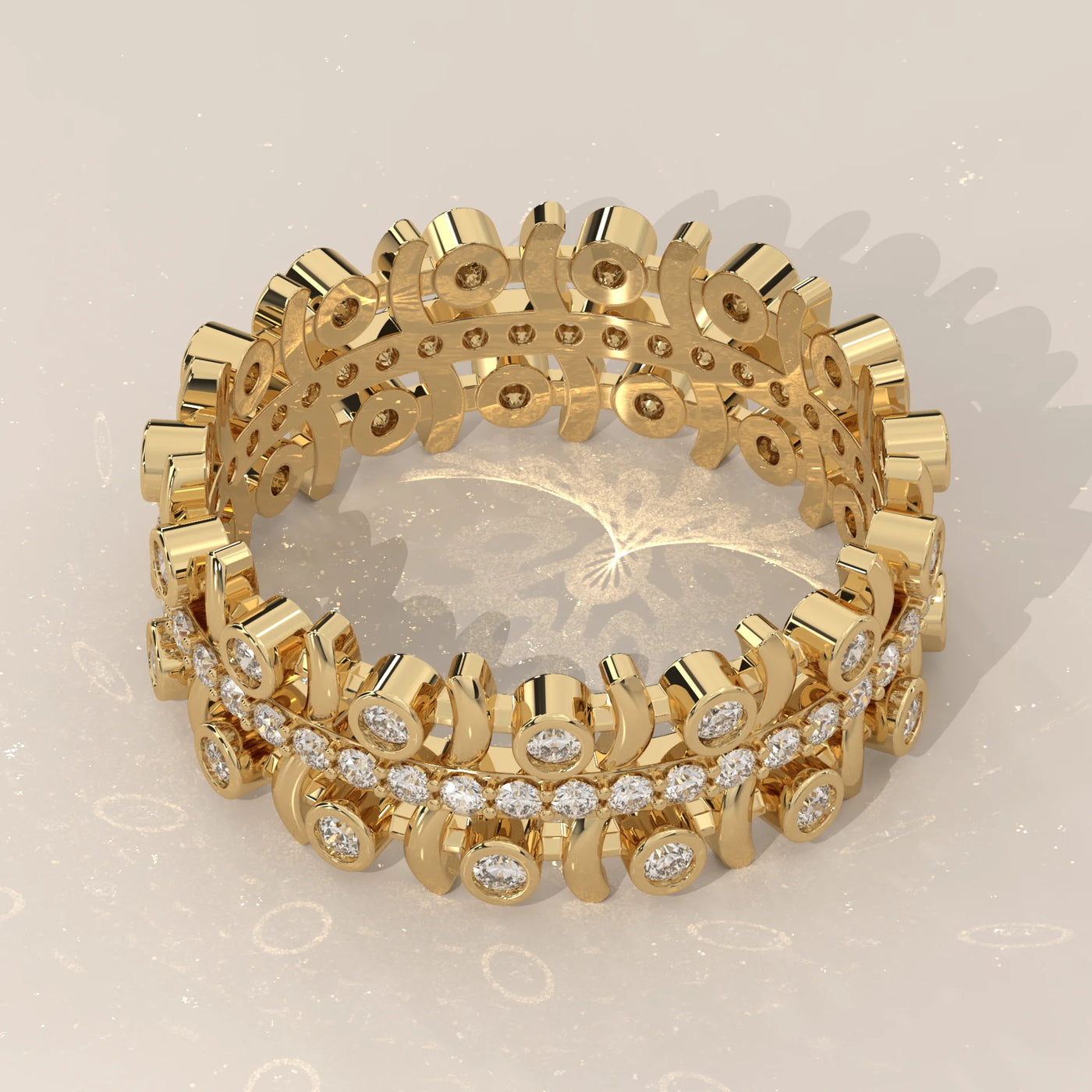 Top View: Round Diamond Eternity Band with Bezel Setting in Yellow Gold – Lab Grown – Driona Jewels