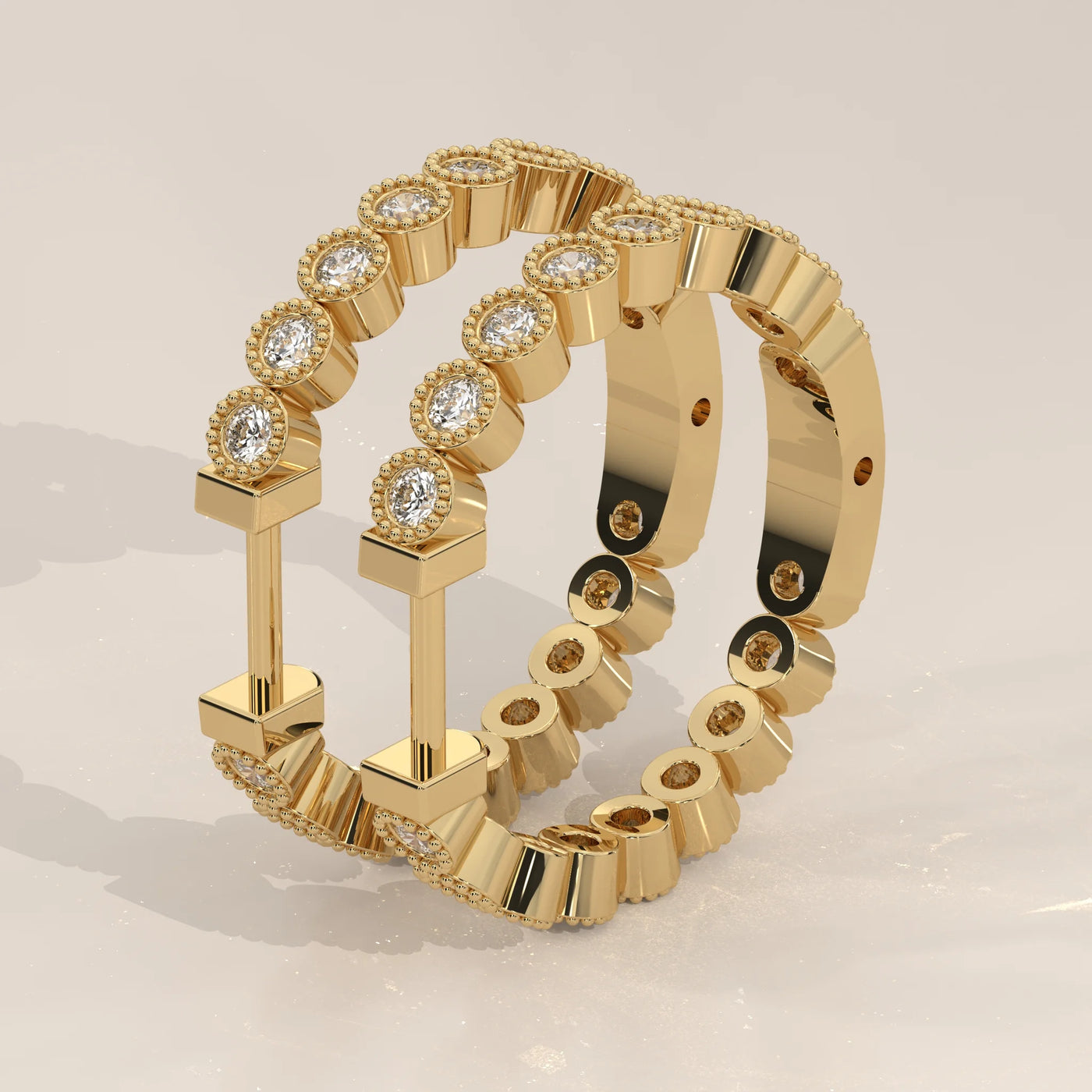 Angle View: Round Diamond Hoop Earrings with Bezel Setting in Yellow Gold – Lab Grown – Driona Jewels