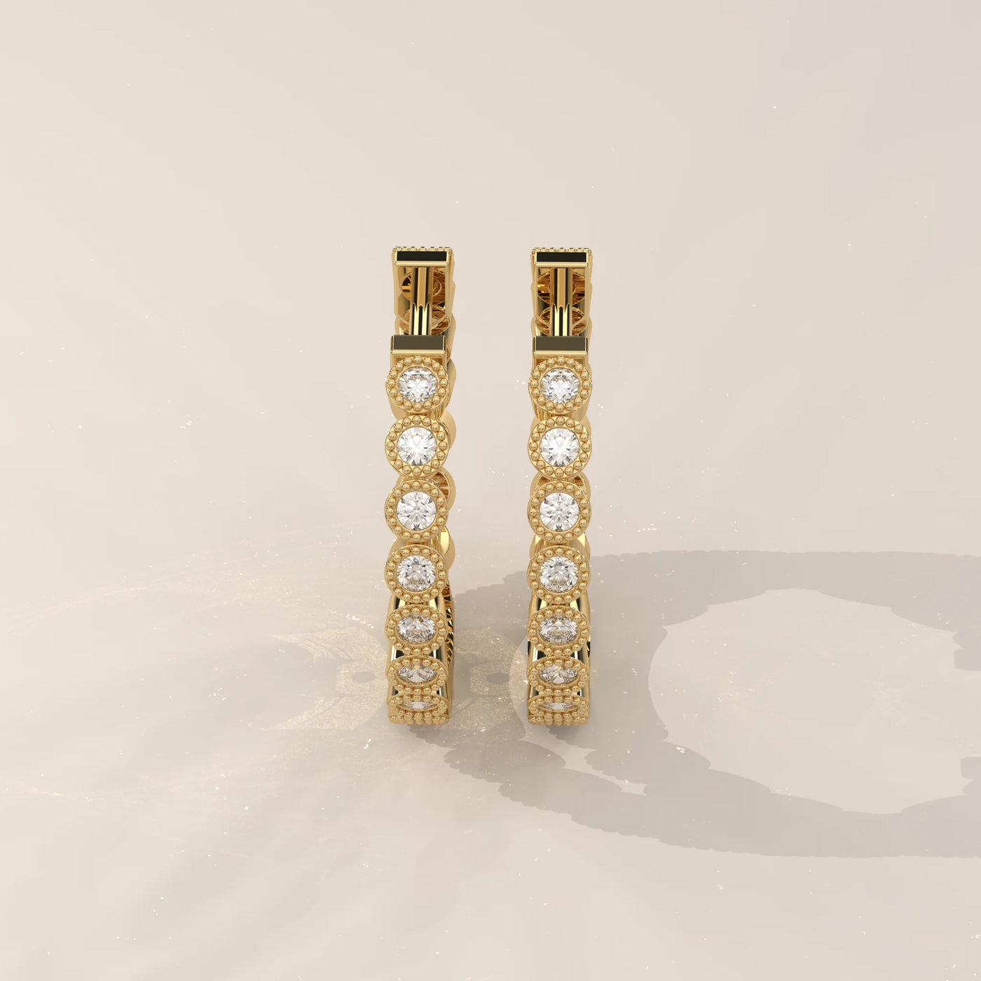 Back View: Round Diamond Hoop Earrings with Bezel Setting in Yellow Gold – Lab Grown – Driona Jewels