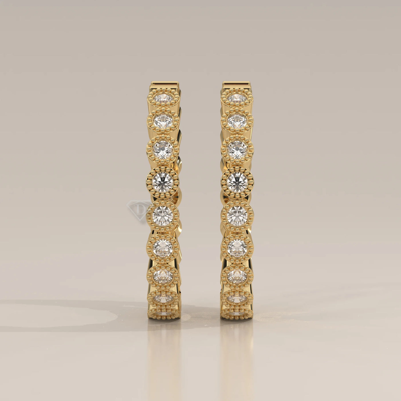 Front View: Round Diamond Hoop Earrings with Bezel Setting in Yellow Gold – Lab Grown – Driona Jewels