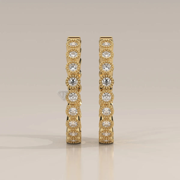 Front View: Round Diamond Hoop Earrings with Bezel Setting in Yellow Gold – Lab Grown – Driona Jewels