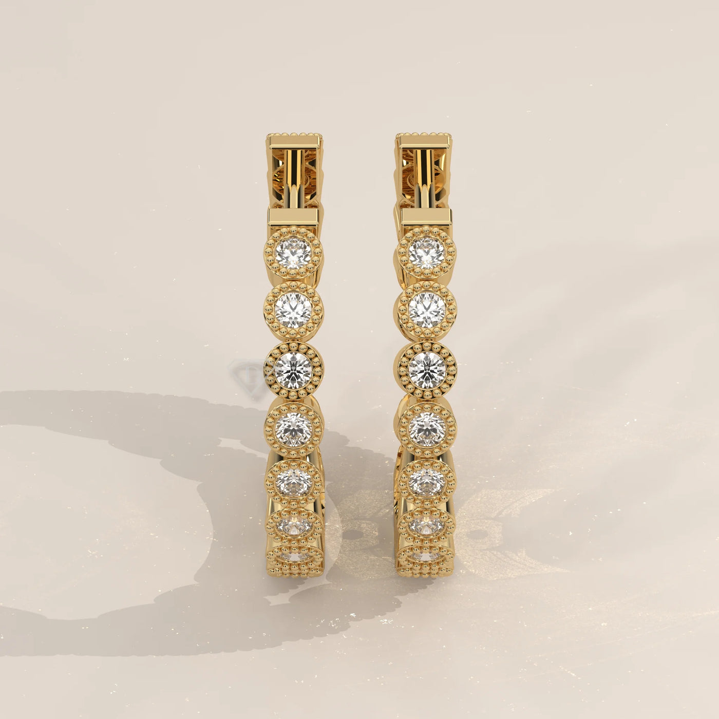 Pair Front View: Round Diamond Hoop Earrings with Bezel Setting in Yellow Gold – Lab Grown – Driona Jewels