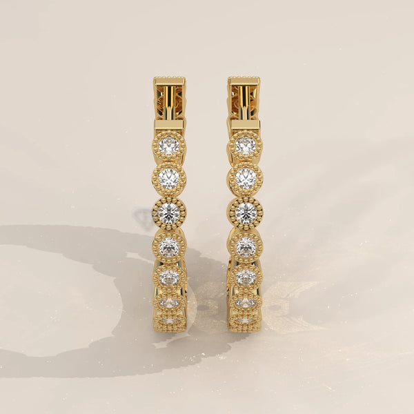 Pair Front View: Round Diamond Hoop Earrings with Bezel Setting in Yellow Gold – Lab Grown – Driona Jewels