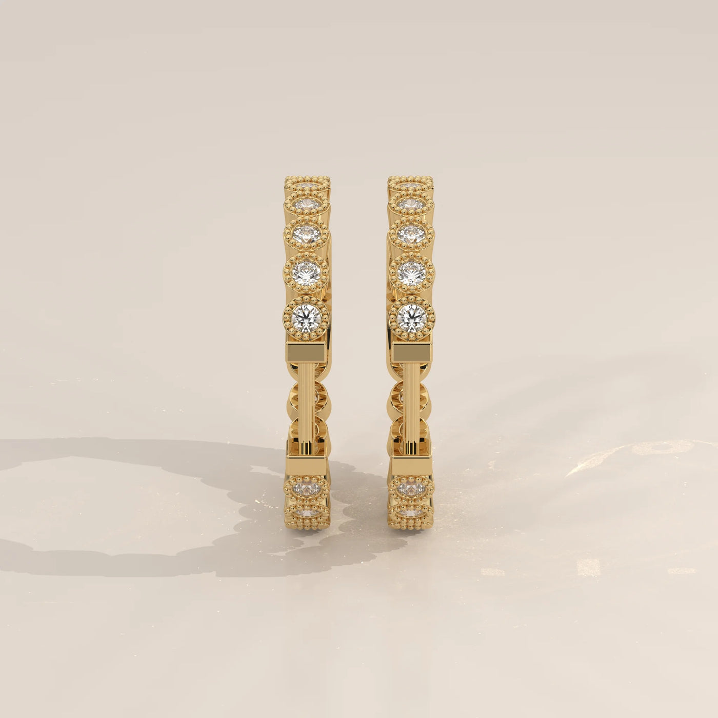 Side Profile: Round Diamond Hoop Earrings with Bezel Setting in Yellow Gold – Lab Grown – Driona Jewels
