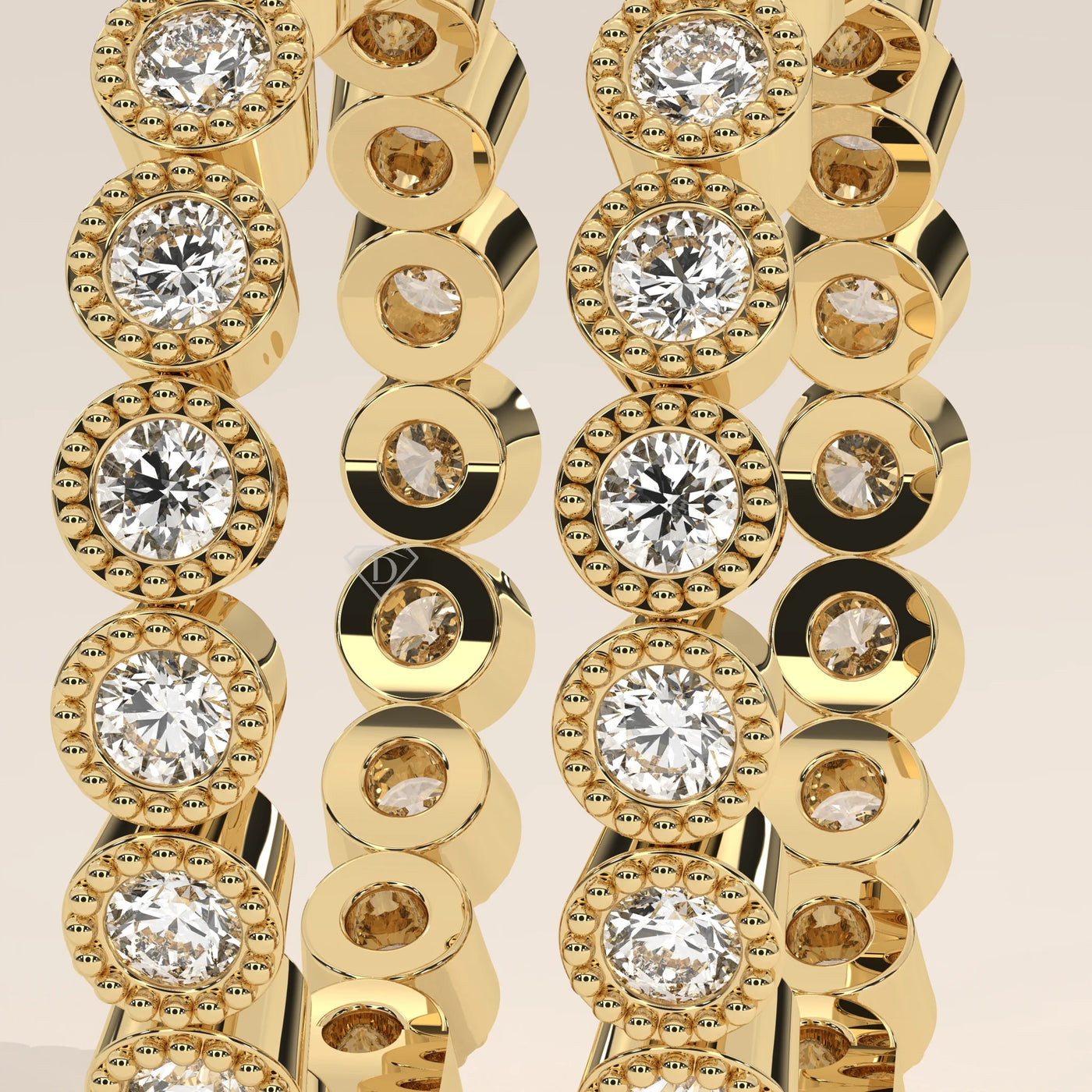 Stone Detail: Round Lab Grown Diamonds in Bezel Setting – Yellow Gold – Driona Jewels