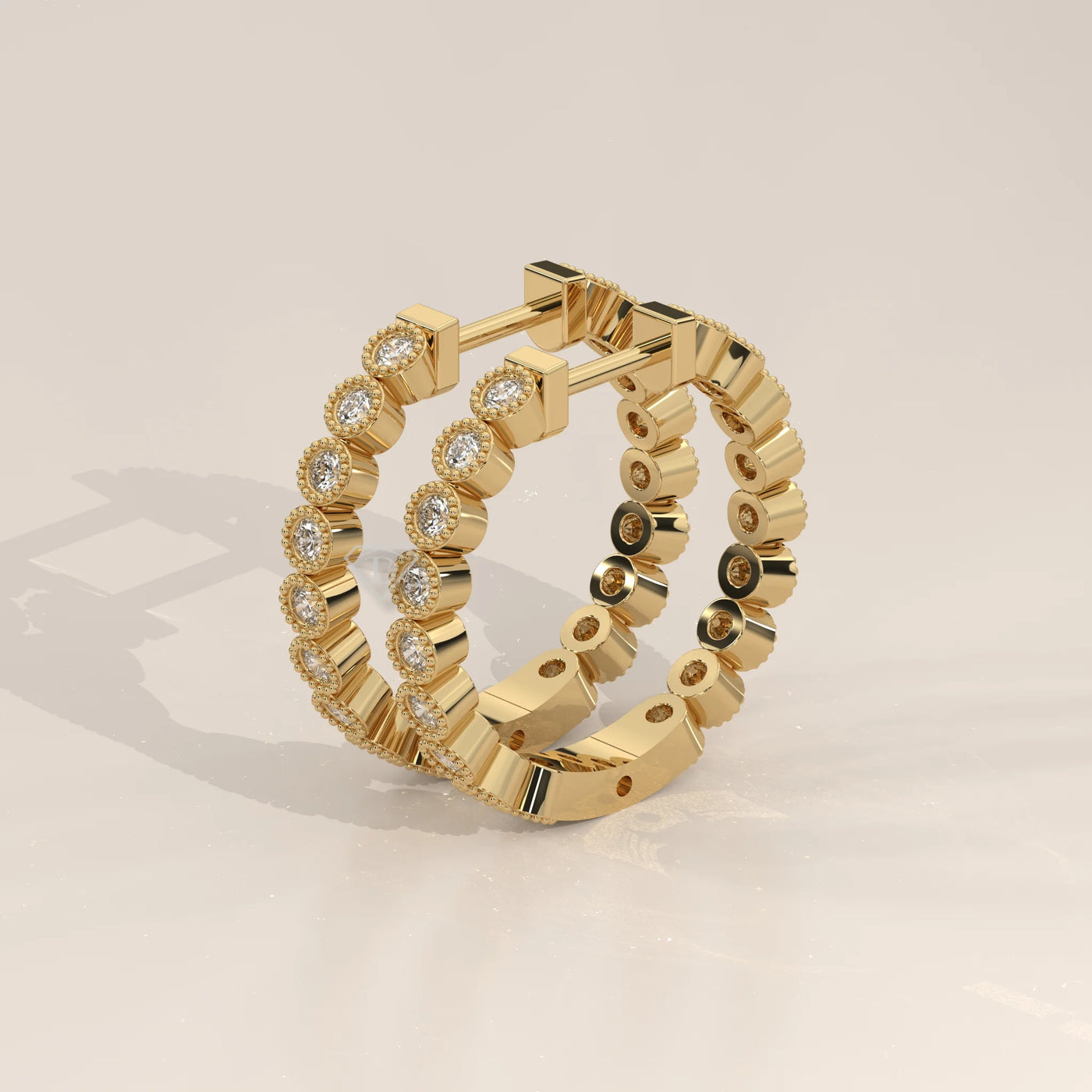 Three-Quarter View: Round Diamond Hoop Earrings with Bezel Setting in Yellow Gold – Lab Grown – Driona Jewels