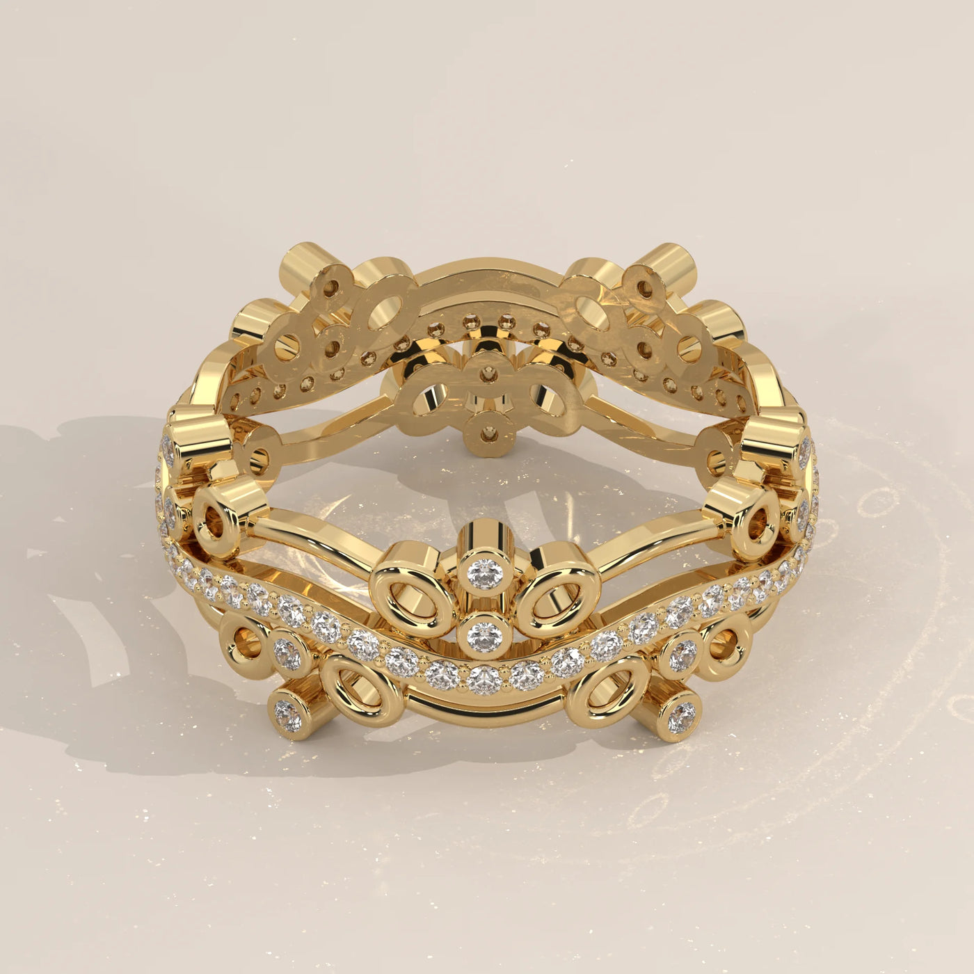 Three-Quarter View: Round Diamond Band with Bezel Setting in Yellow Gold – Lab Grown – Driona Jewels
