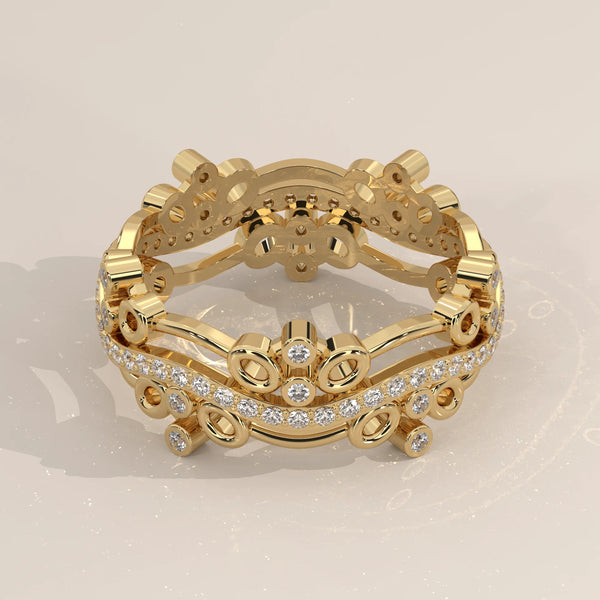 Three-Quarter View: Round Diamond Band with Bezel Setting in Yellow Gold – Lab Grown – Driona Jewels