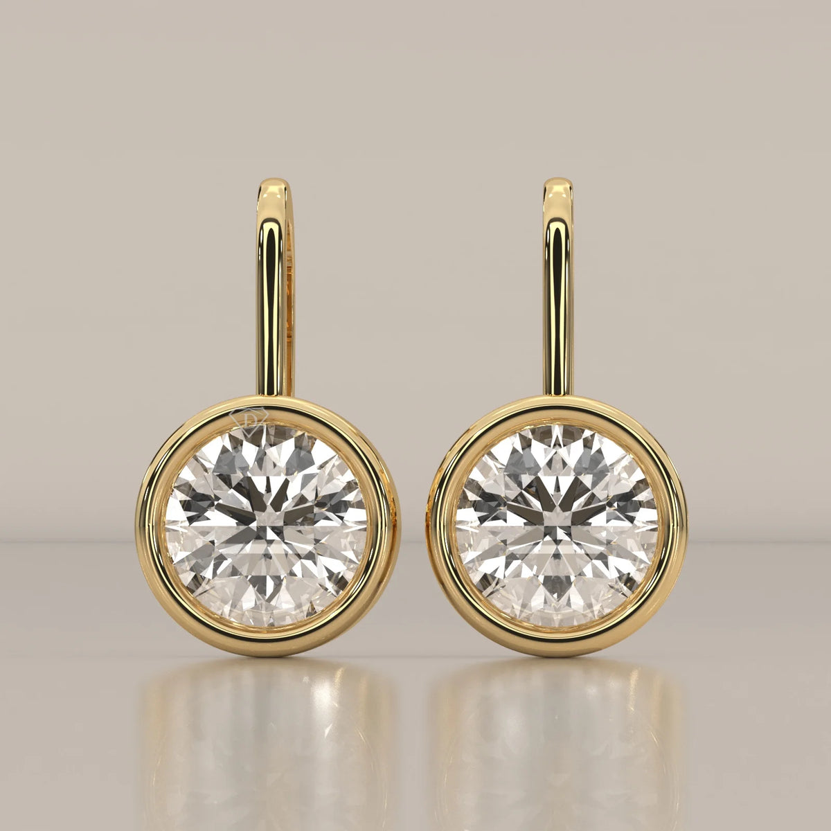 Round Bezel Set Lab Grown Diamond Drop Earrings on Gold Hook Wire in yellow gold, shown from the front.