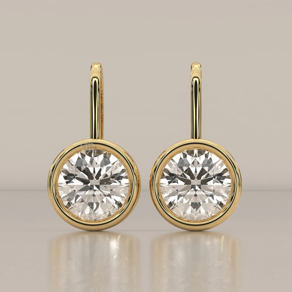 Round Bezel Set Lab Grown Diamond Drop Earrings on Gold Hook Wire in yellow gold, shown from the front.