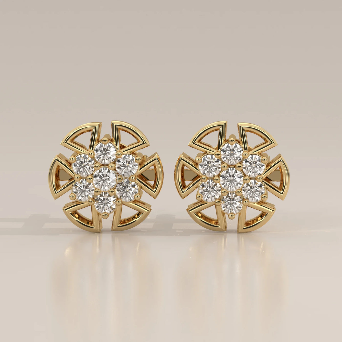 Front View: Round Diamond Stud Earrings with Cluster Setting in Yellow Gold – Lab Grown – Driona Jewels