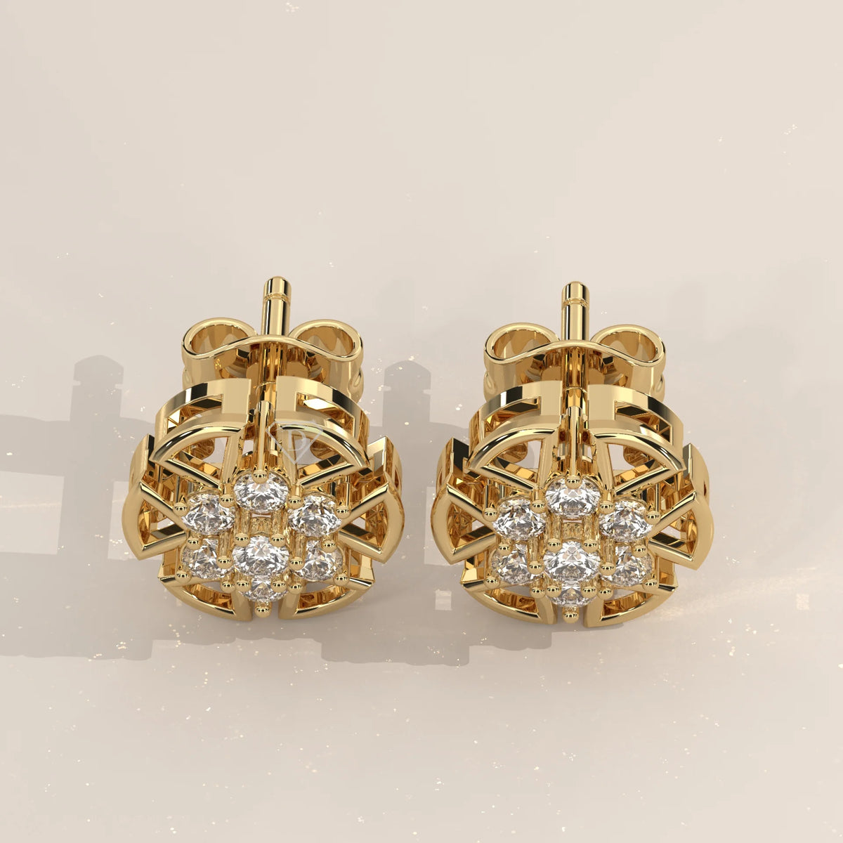 Pair Front View: Round Diamond Stud Earrings with Cluster Setting in Yellow Gold – Lab Grown – Driona Jewels