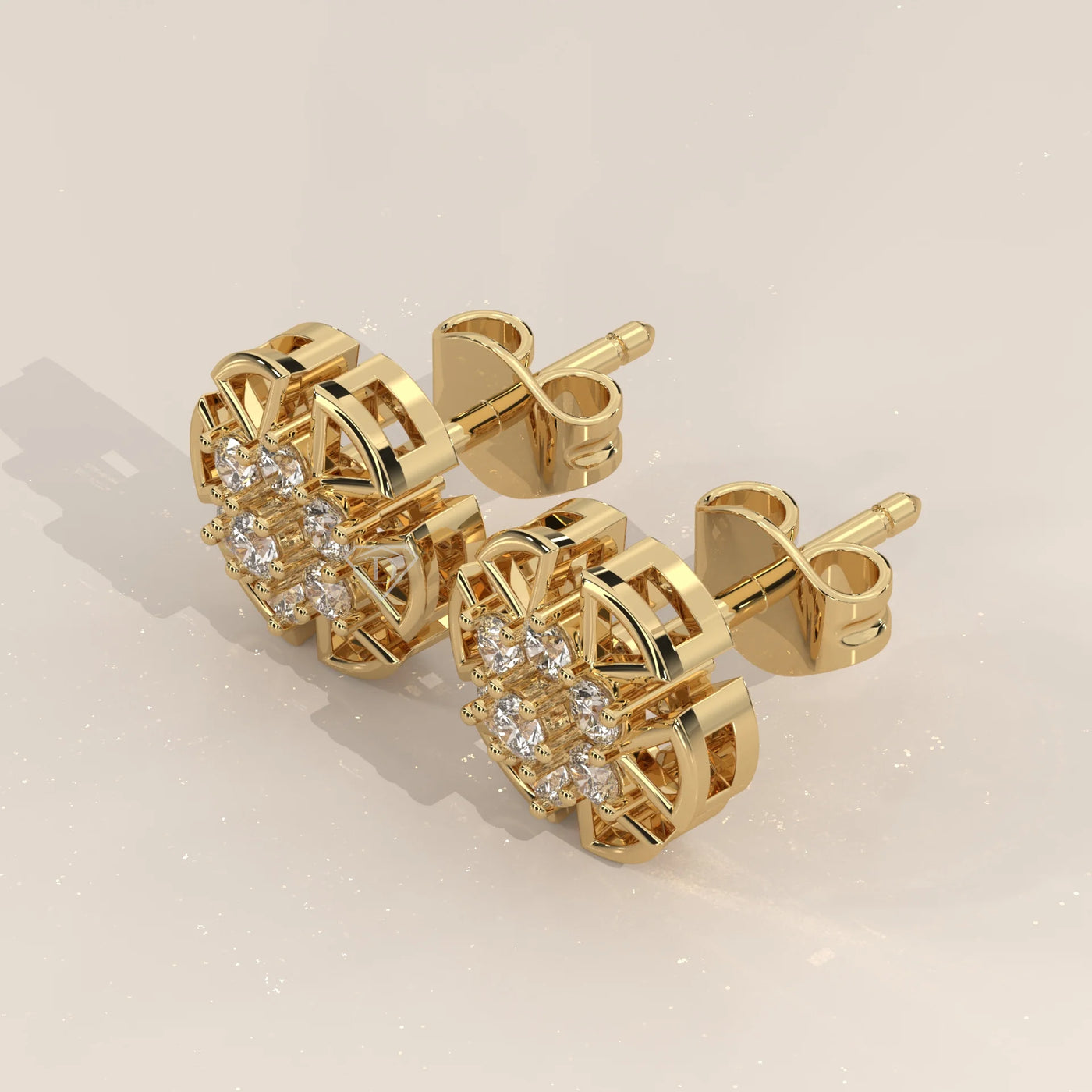 Three-Quarter View: Round Diamond Stud Earrings with Cluster Setting in Yellow Gold – Lab Grown – Driona Jewels