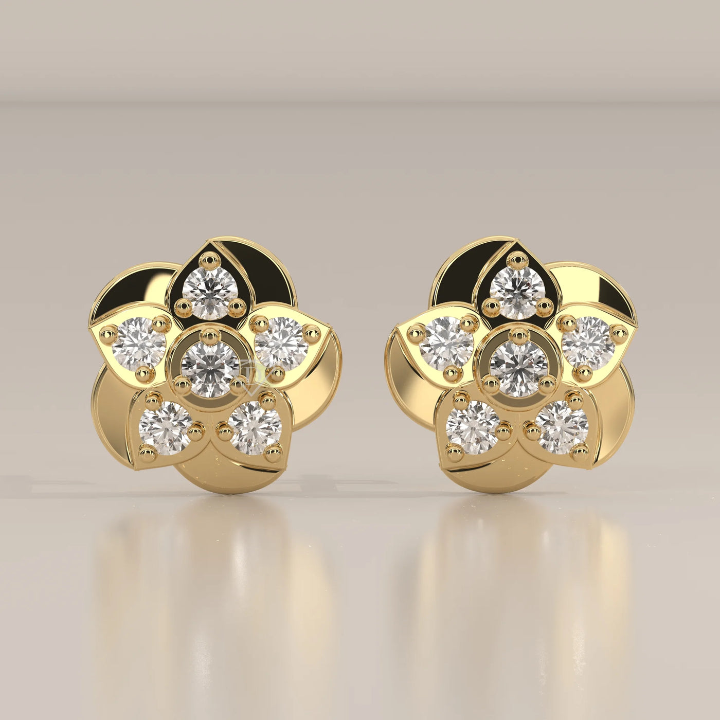 Front View: Round Diamond Stud Earrings with Cluster Setting in Yellow Gold – Lab Grown – Driona Jewels