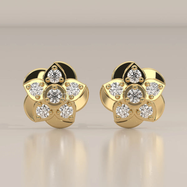 Front View: Round Diamond Stud Earrings with Cluster Setting in Yellow Gold – Lab Grown – Driona Jewels