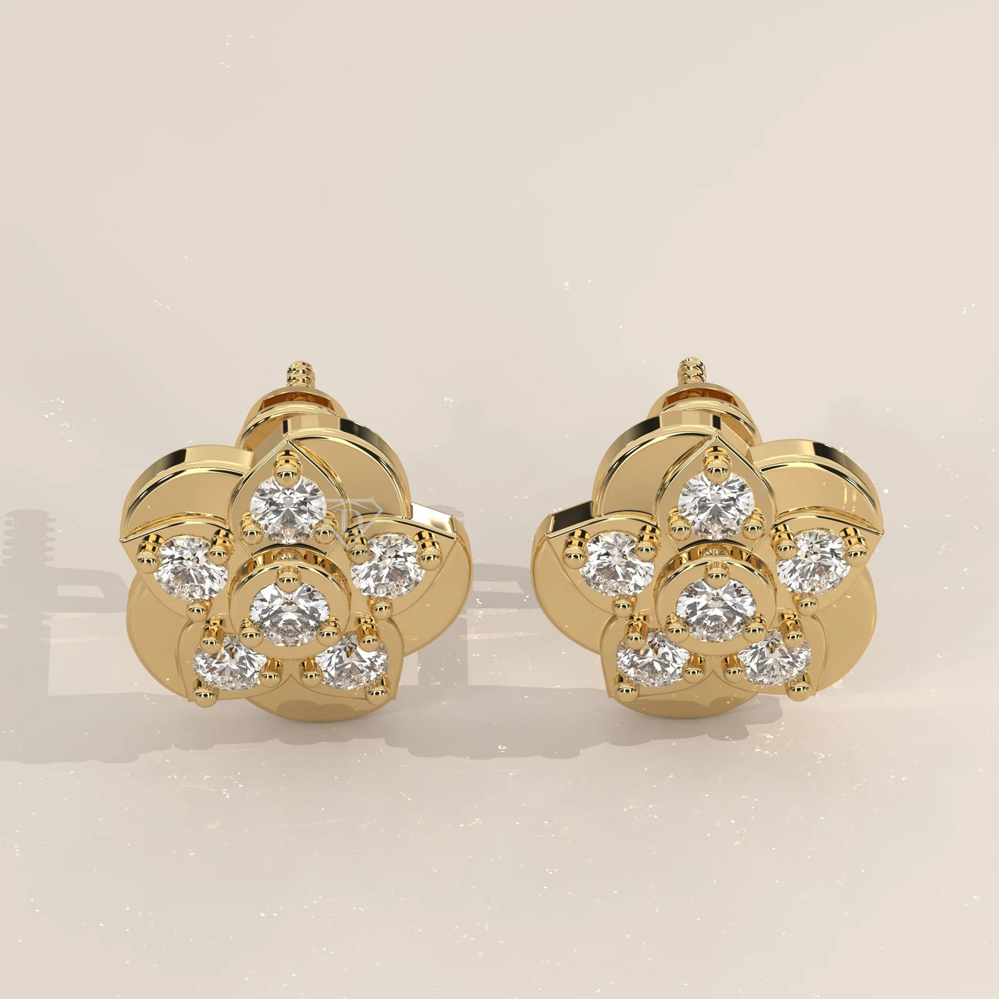 Pair Front View: Round Diamond Stud Earrings with Cluster Setting in Yellow Gold – Lab Grown – Driona Jewels