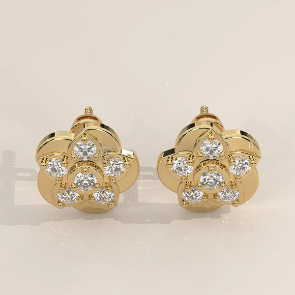 Pair Front View: Round Diamond Stud Earrings with Cluster Setting in Yellow Gold – Lab Grown – Driona Jewels