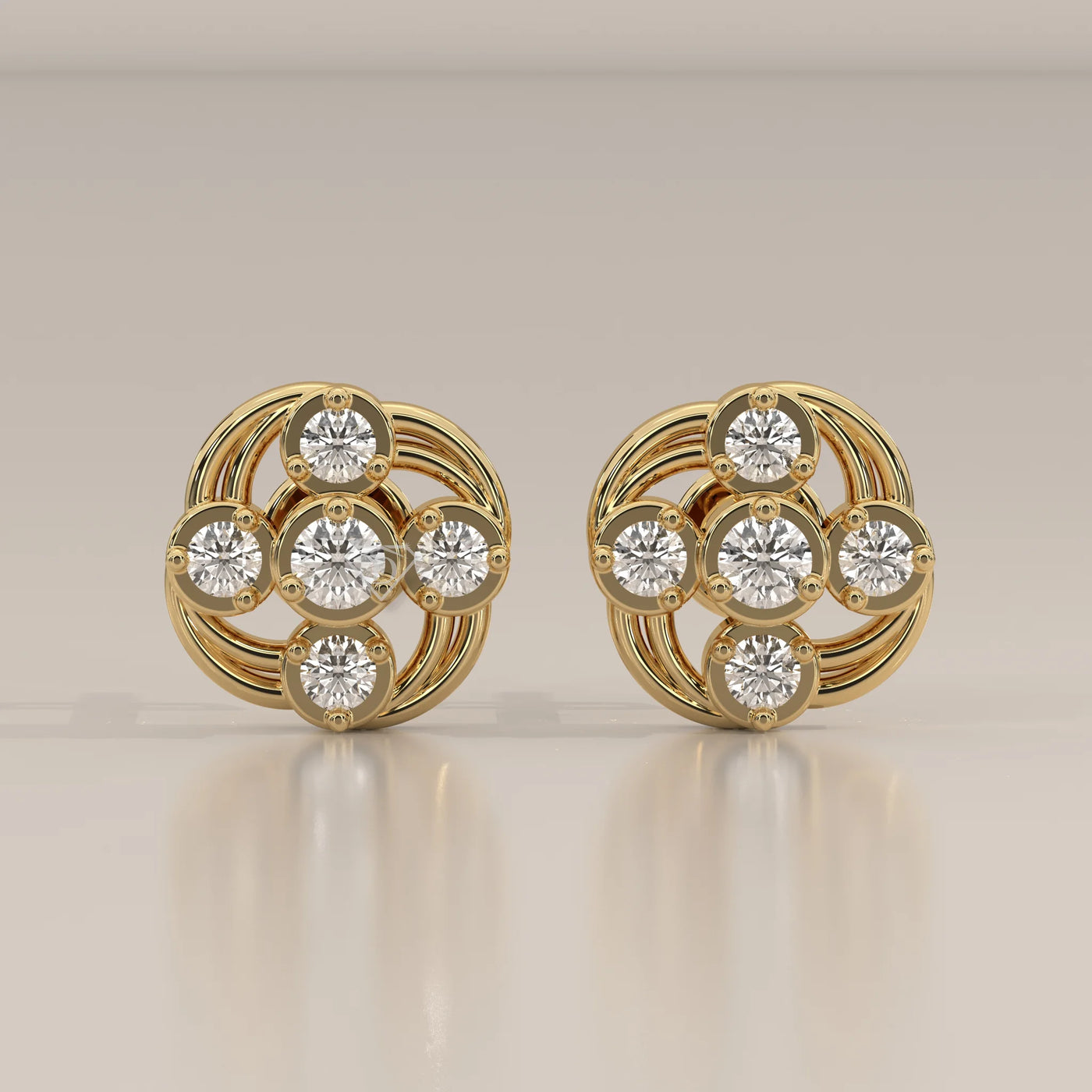 Front View: Round Diamond Stud Earrings with Cluster Setting in Yellow Gold – Lab Grown – Driona Jewels