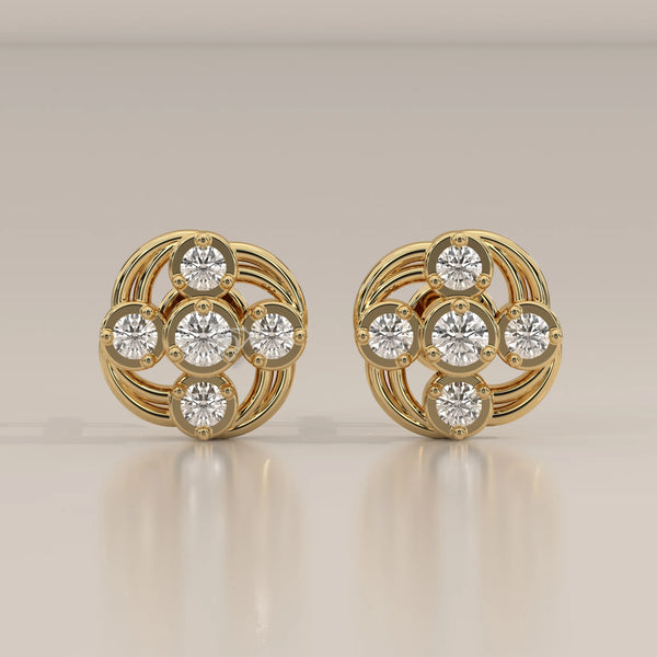 Front View: Round Diamond Stud Earrings with Cluster Setting in Yellow Gold – Lab Grown – Driona Jewels
