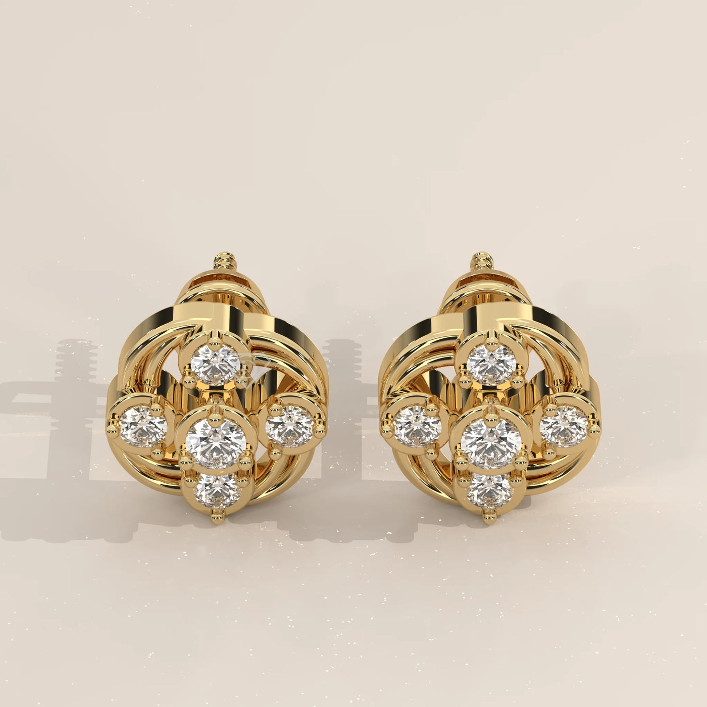 Pair Front View: Round Diamond Stud Earrings with Cluster Setting in Yellow Gold – Lab Grown – Driona Jewels