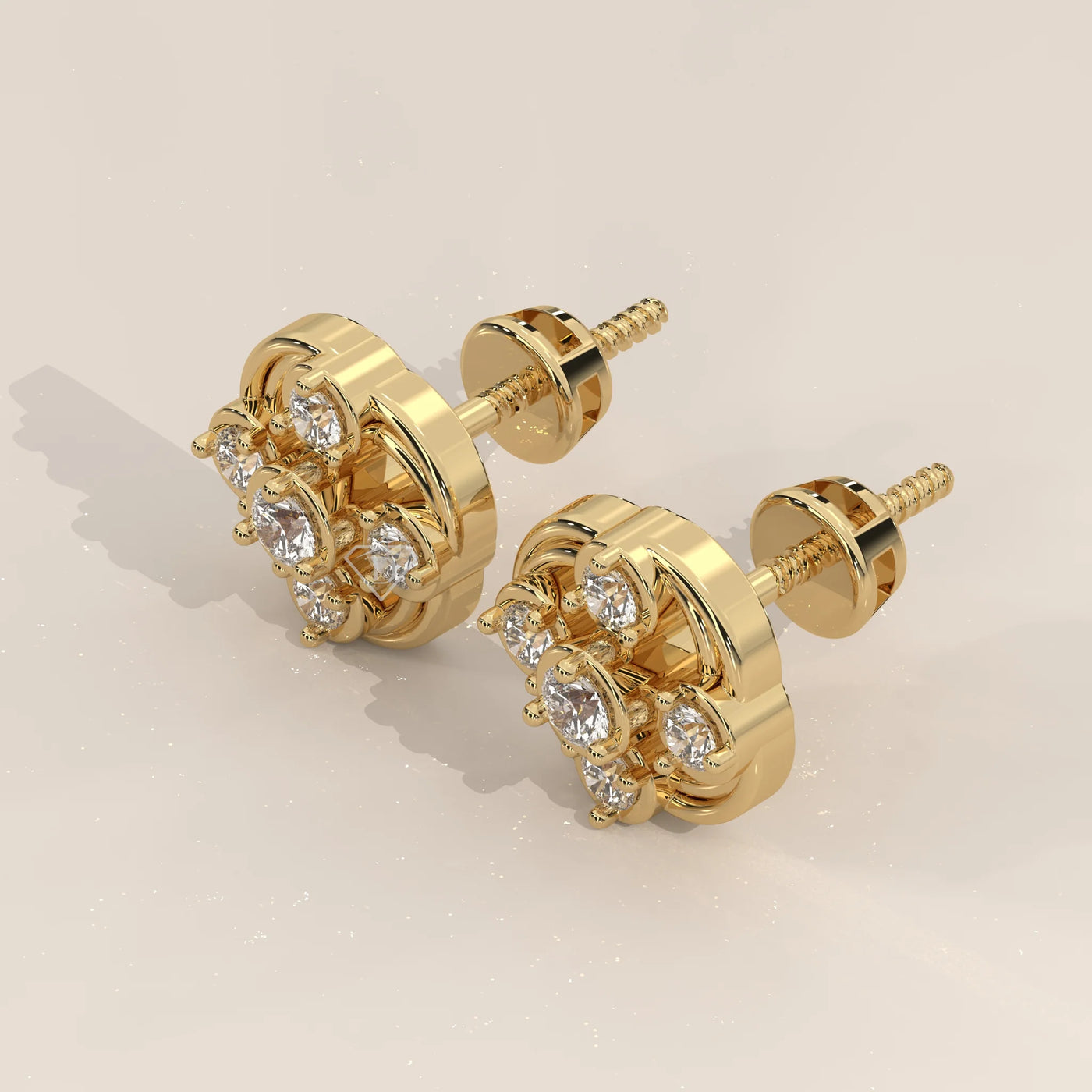 Three-Quarter View: Round Diamond Stud Earrings with Cluster Setting in Yellow Gold – Lab Grown – Driona Jewels
