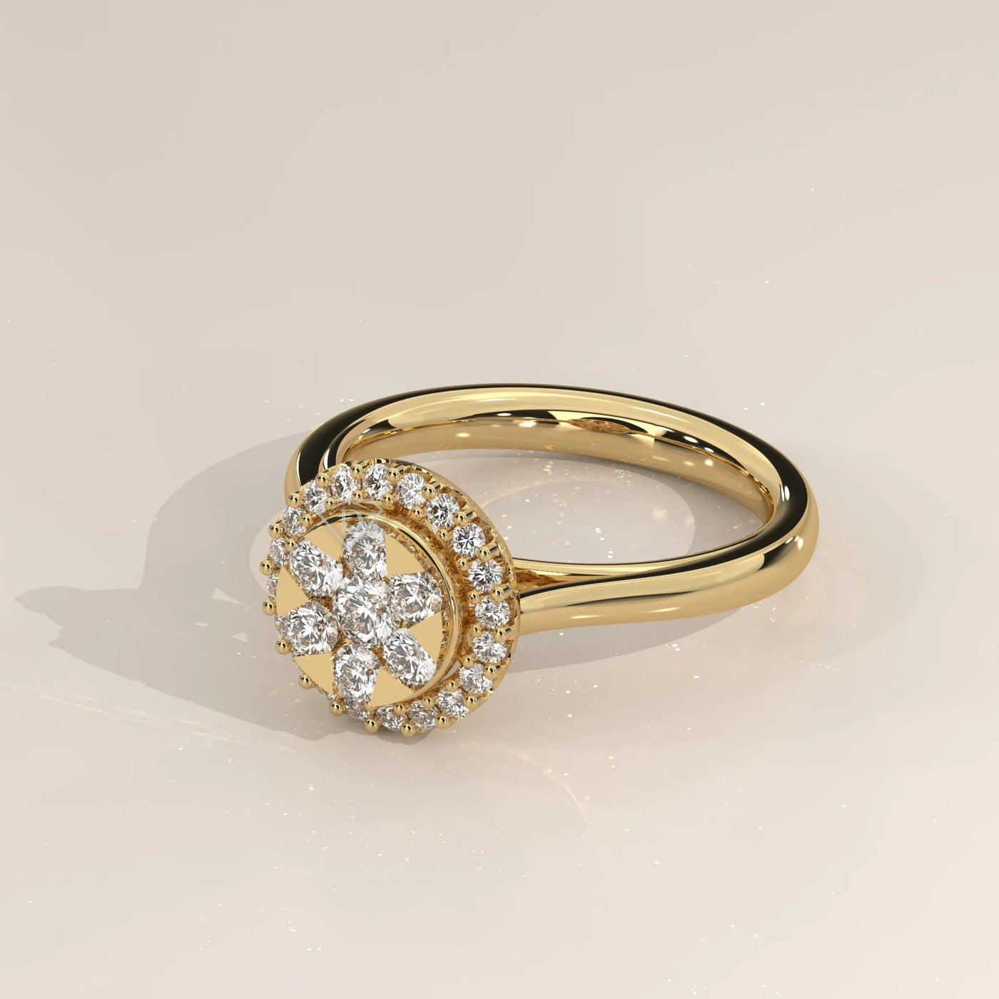 Angle View: Round Diamond Ring with Cluster Setting in Yellow Gold – Lab Grown – Driona Jewels