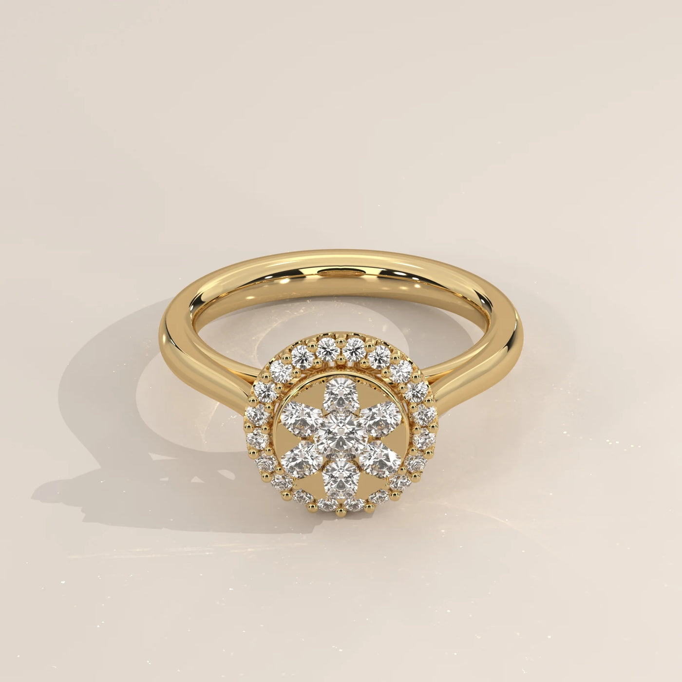 Three-Quarter View: Round Diamond Ring with Cluster Setting in Yellow Gold – Lab Grown – Driona Jewels