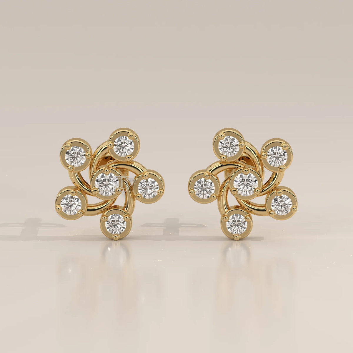 Front View: Round Diamond Stud Earrings with Cluster Setting in Yellow Gold – Lab Grown – Driona Jewels