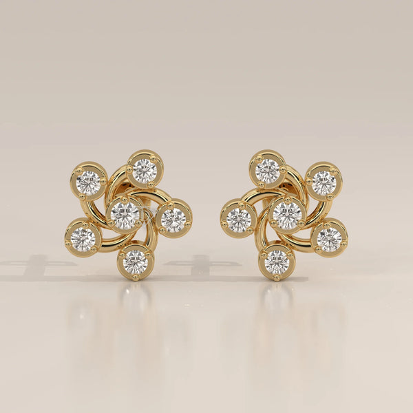 Front View: Round Diamond Stud Earrings with Cluster Setting in Yellow Gold – Lab Grown – Driona Jewels