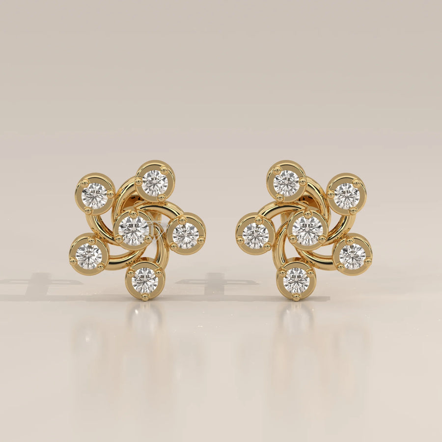 Front View: Round Diamond Stud Earrings with Cluster Setting in Yellow Gold – Lab Grown – Driona Jewels