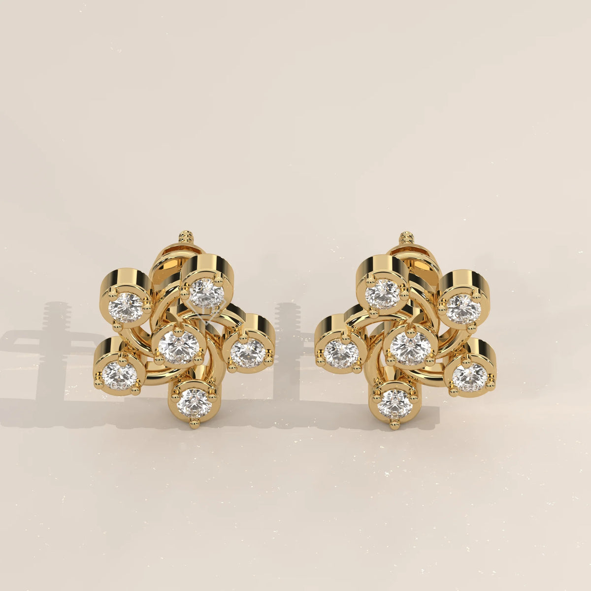 Pair Front View: Round Diamond Stud Earrings with Cluster Setting in Yellow Gold – Lab Grown – Driona Jewels