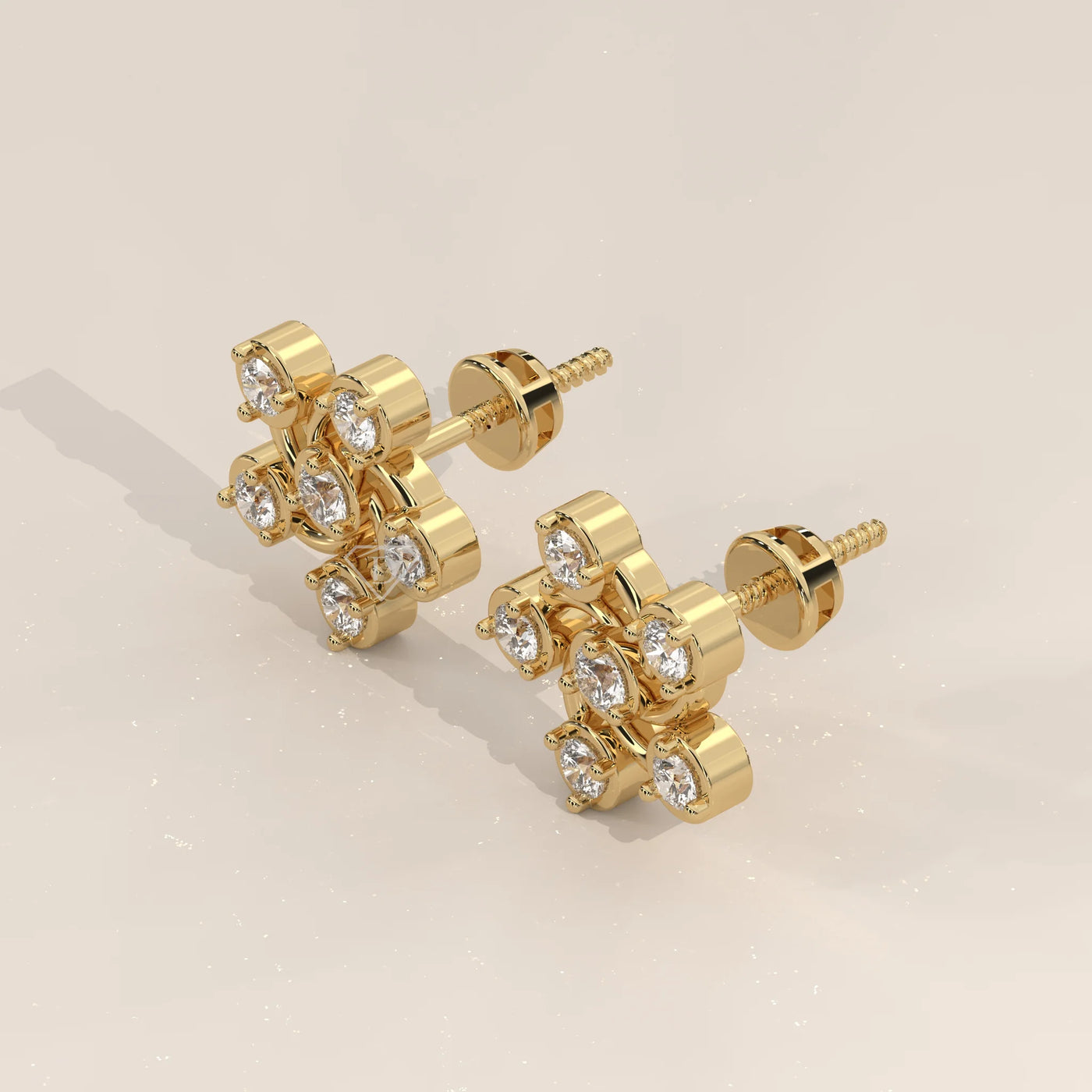 Three-Quarter View: Round Diamond Stud Earrings with Cluster Setting in Yellow Gold – Lab Grown – Driona Jewels