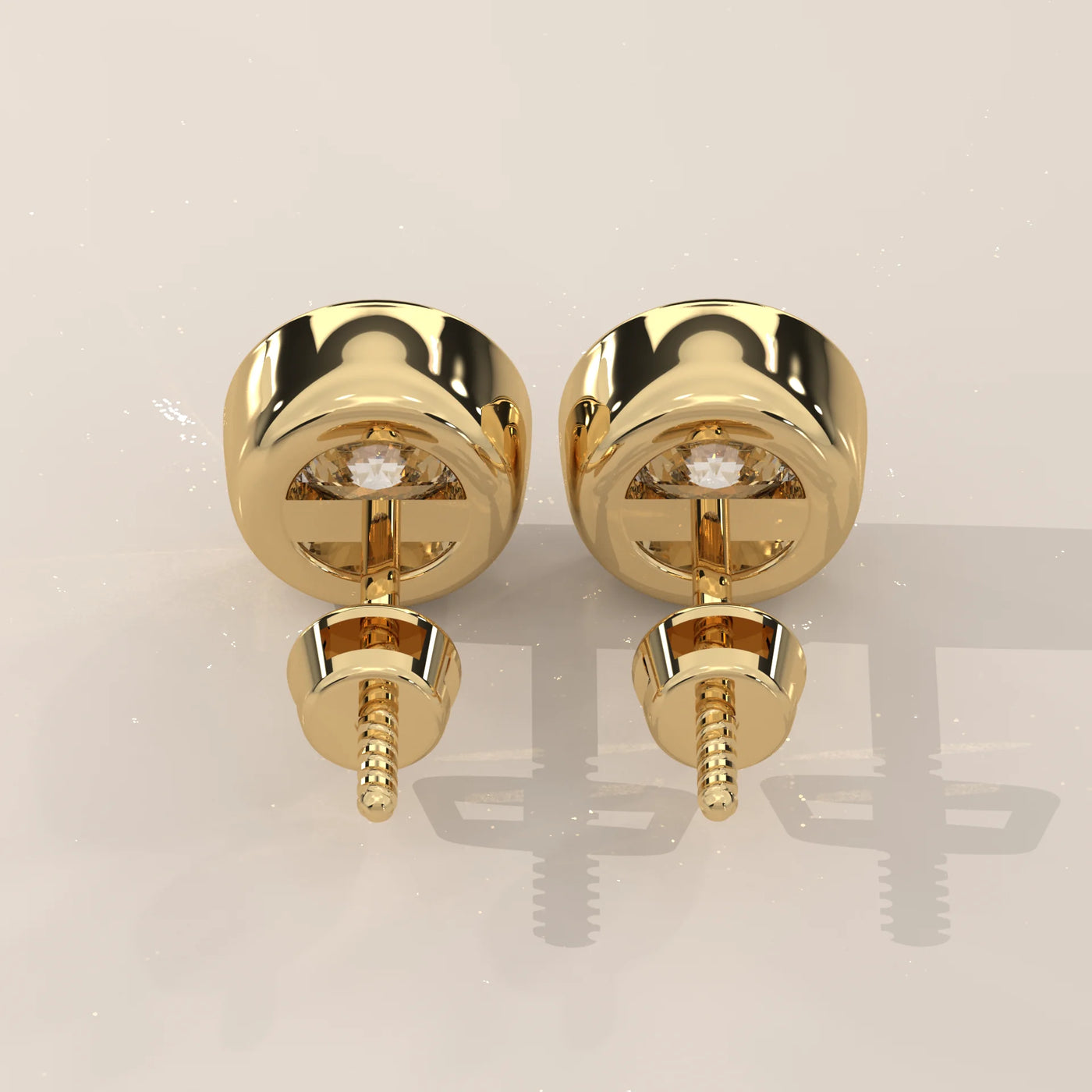 Back View: Round Diamond Stud Earrings with Bezel Setting in Yellow Gold – Lab Grown – Driona Jewels