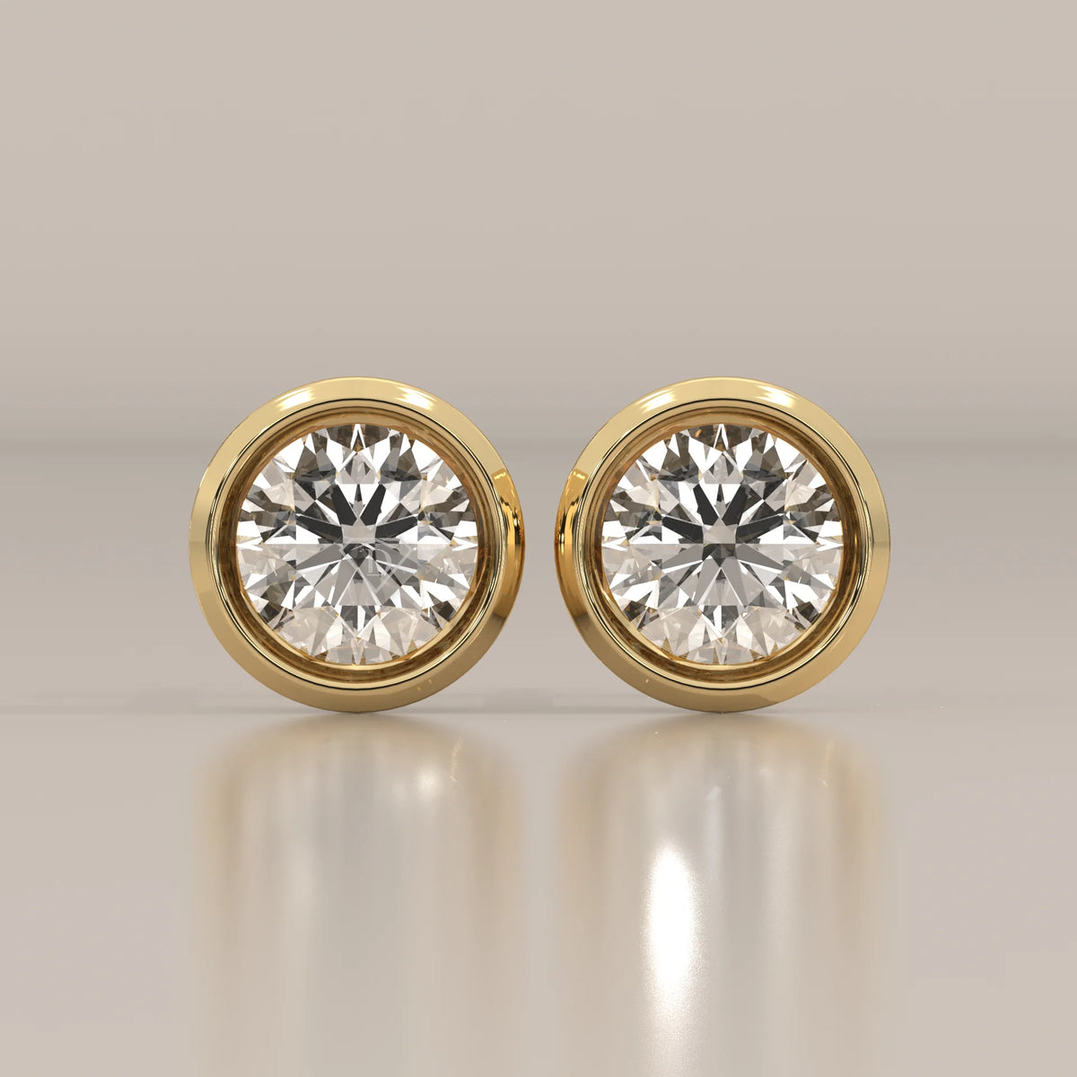 Front View: Round Diamond Stud Earrings with Bezel Setting in Yellow Gold – Lab Grown – Driona Jewels