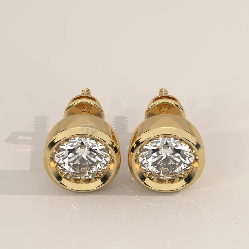 Pair Front View: Round Diamond Stud Earrings with Bezel Setting in Yellow Gold – Lab Grown – Driona Jewels