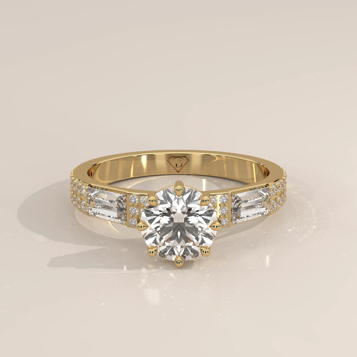 Round Lab Grown Diamond Ring with Baguette Shoulders and Double Pave in yellow gold, shown from the front.
