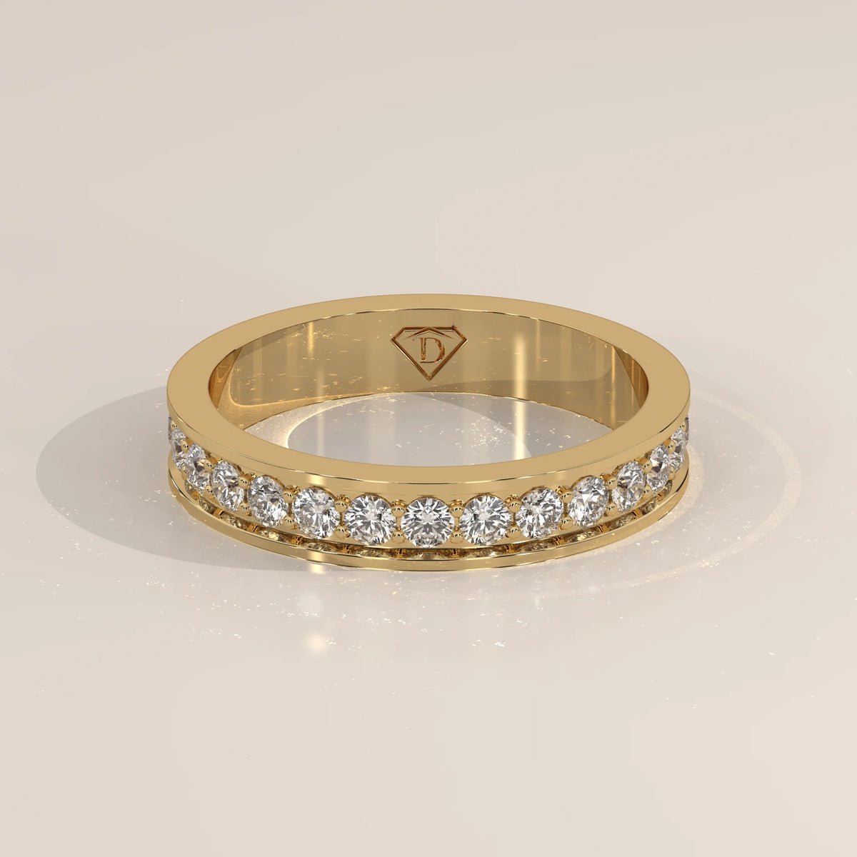 Three-Quarter View: Round Diamond Eternity Band with Channel Setting in Yellow Gold – Lab Grown – Driona Jewels
