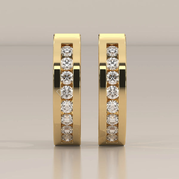 Front View: Round Diamond Hoop Earrings with Channel Setting in Yellow Gold – Lab Grown – Driona Jewels