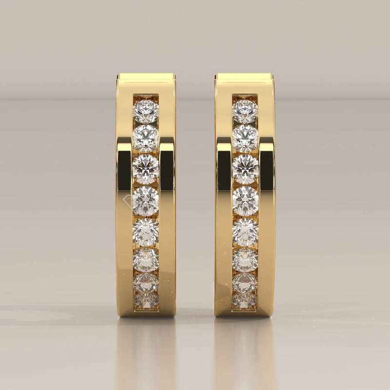 Front View: Round Diamond Hoop Earrings with Channel Setting in Yellow Gold – Lab Grown – Driona Jewels