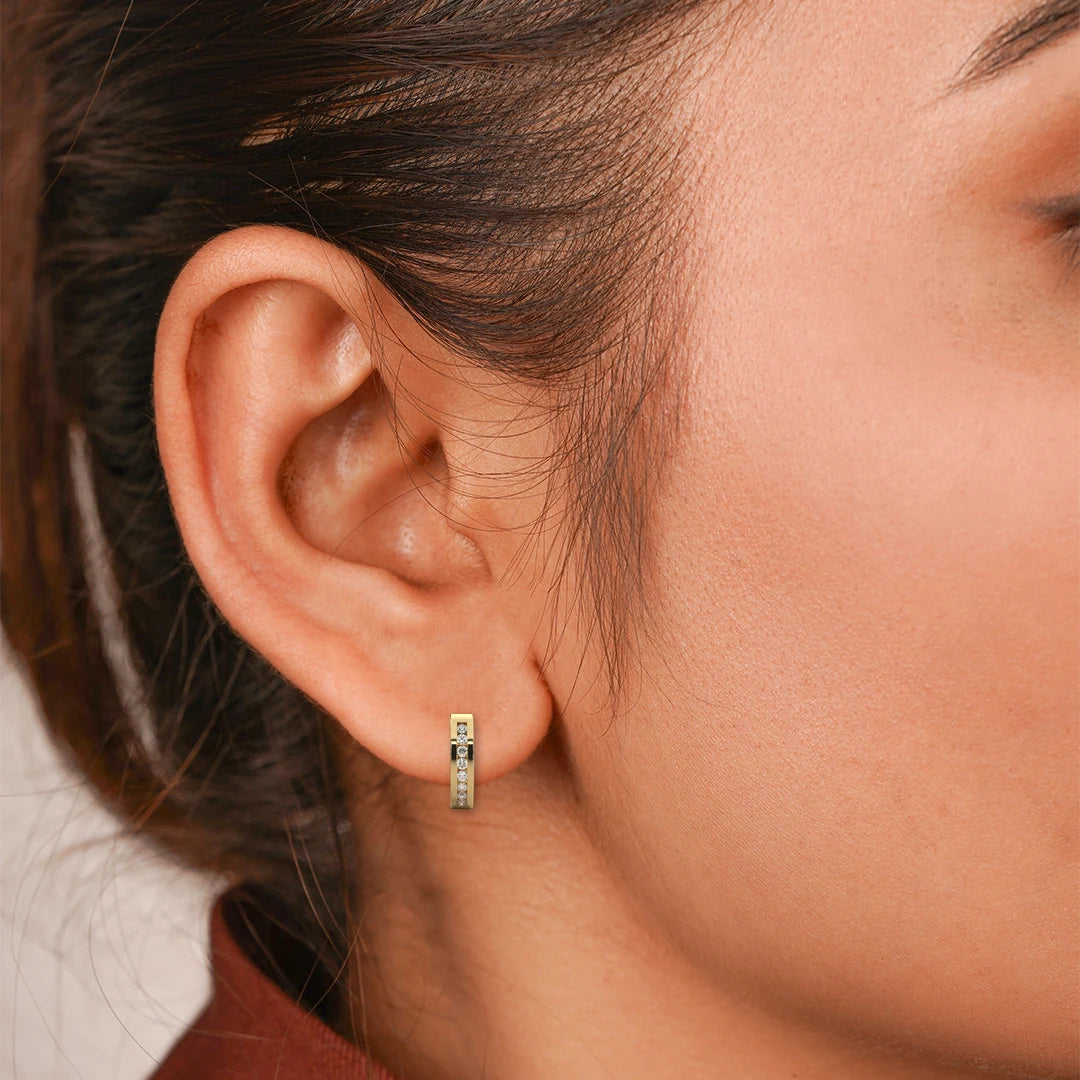 On Model: Round Diamond Hoop Earrings with Channel Setting in Yellow Gold – Lab Grown – Driona Jewels