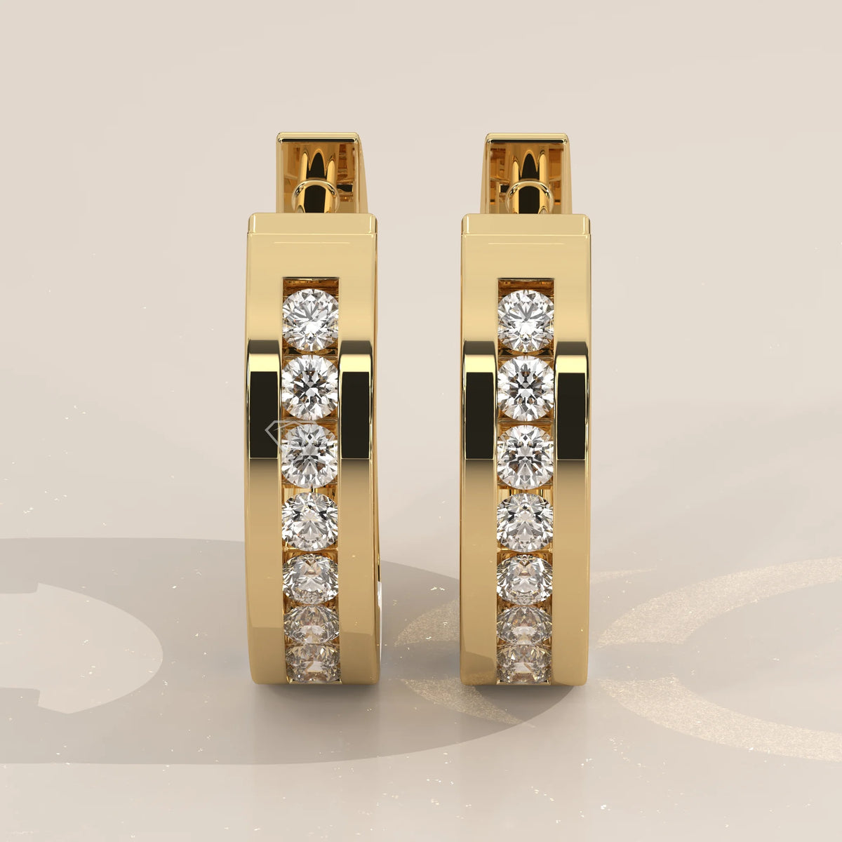 Pair Front View: Round Diamond Hoop Earrings with Channel Setting in Yellow Gold – Lab Grown – Driona Jewels