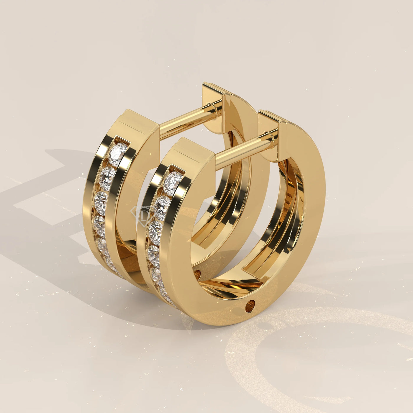 Three-Quarter View: Round Diamond Hoop Earrings with Channel Setting in Yellow Gold – Lab Grown – Driona Jewels