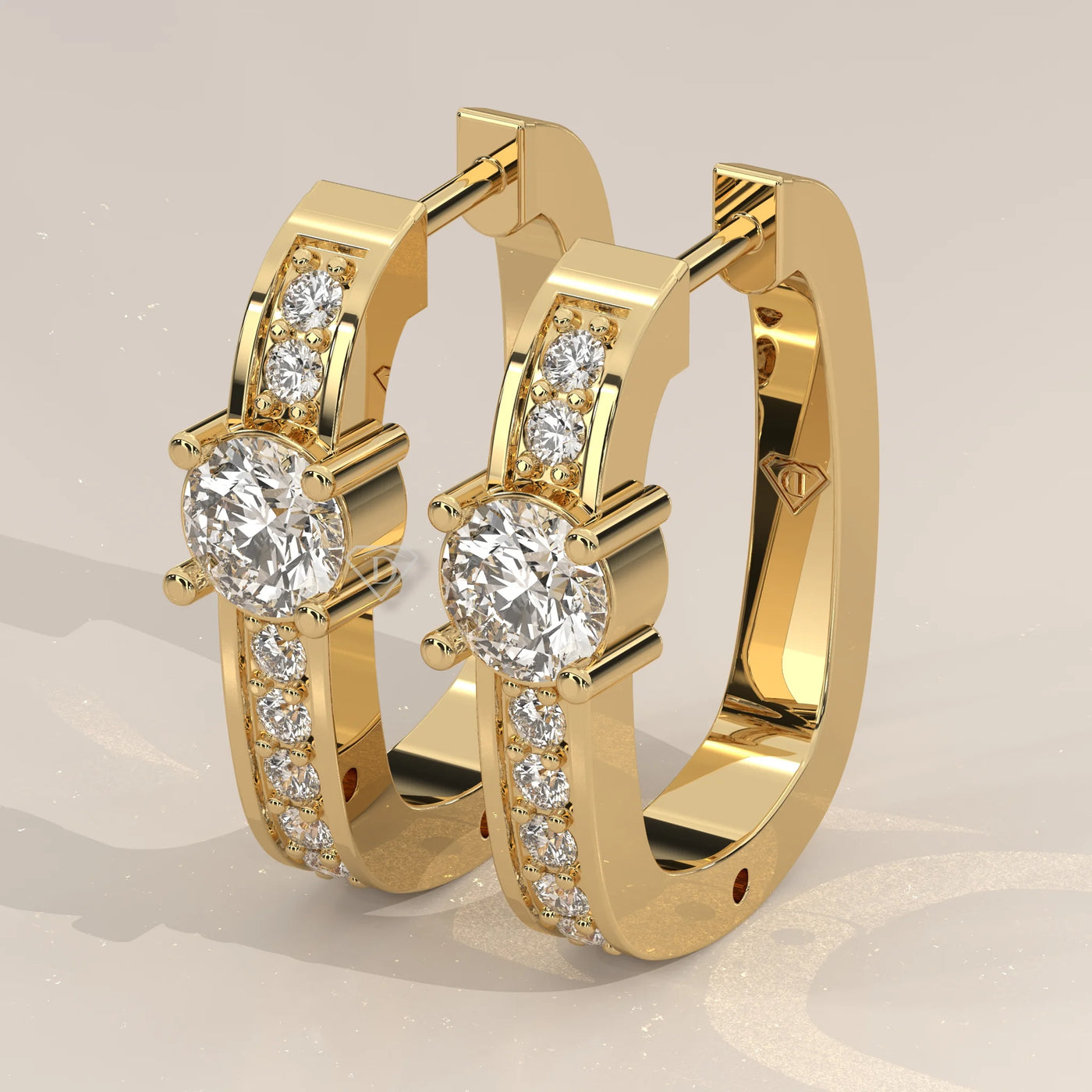 Three-Quarter View: Round Diamond Hoop Earrings with Channel Setting in Yellow Gold – Lab Grown – Driona Jewels