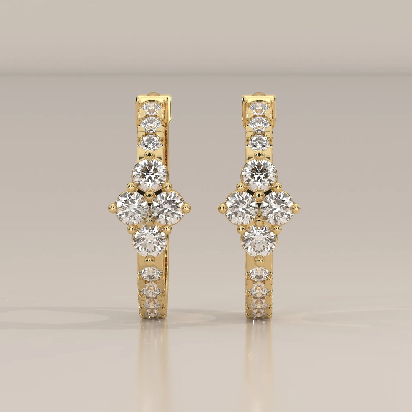 Front View: Round Diamond Hoop Earrings with Cluster Setting in Yellow Gold – Lab Grown – Driona Jewels