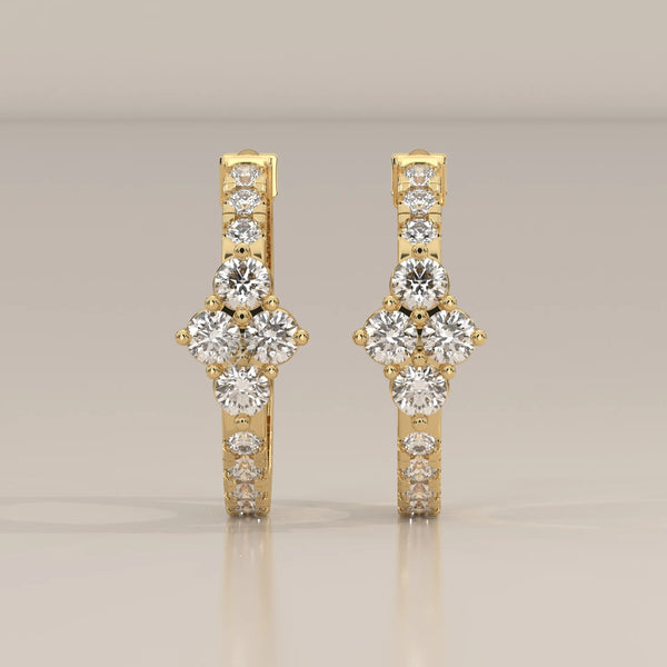 Front View: Round Diamond Hoop Earrings with Cluster Setting in Yellow Gold – Lab Grown – Driona Jewels